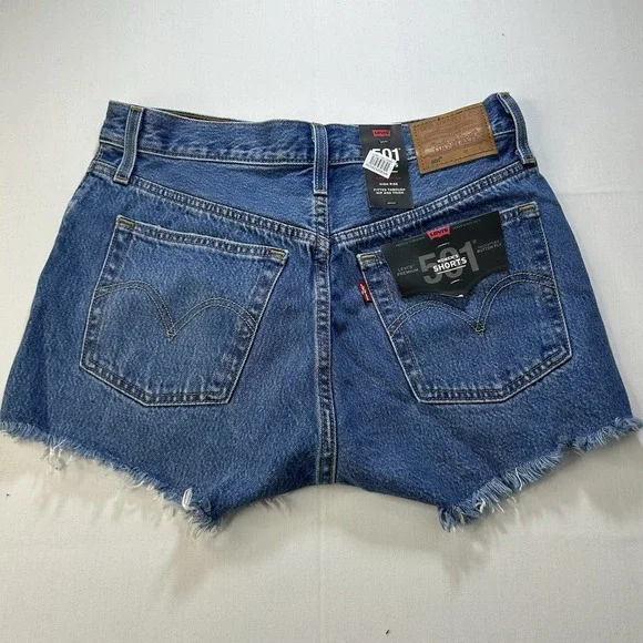 Levis Premium 501 Jean Shorts Women 27 Blue BIG E High Rise Distressed Cut Off - Picture 2 of 16